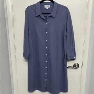 Blue Shirt Dress with Cuffed Sleeves and Notched Collar for Work